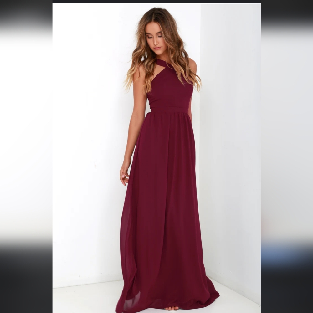 LULUS BURGUNDY CRIMSON HALTER STYLE CHIFFON MAXI DRESS